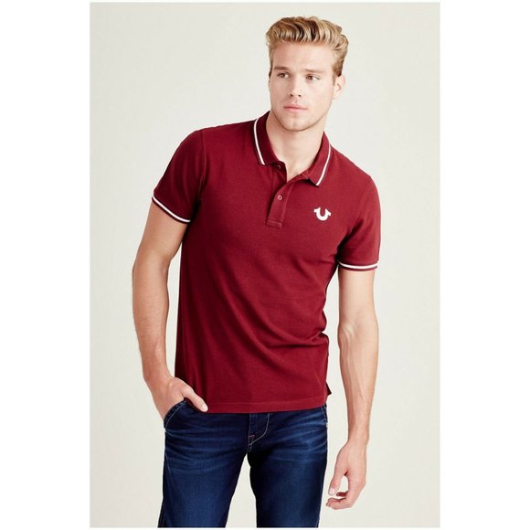 True Religion Men's Crafted With Pride Short Sleeve Polo Shirt in Burgundy - Picture 2 of 6